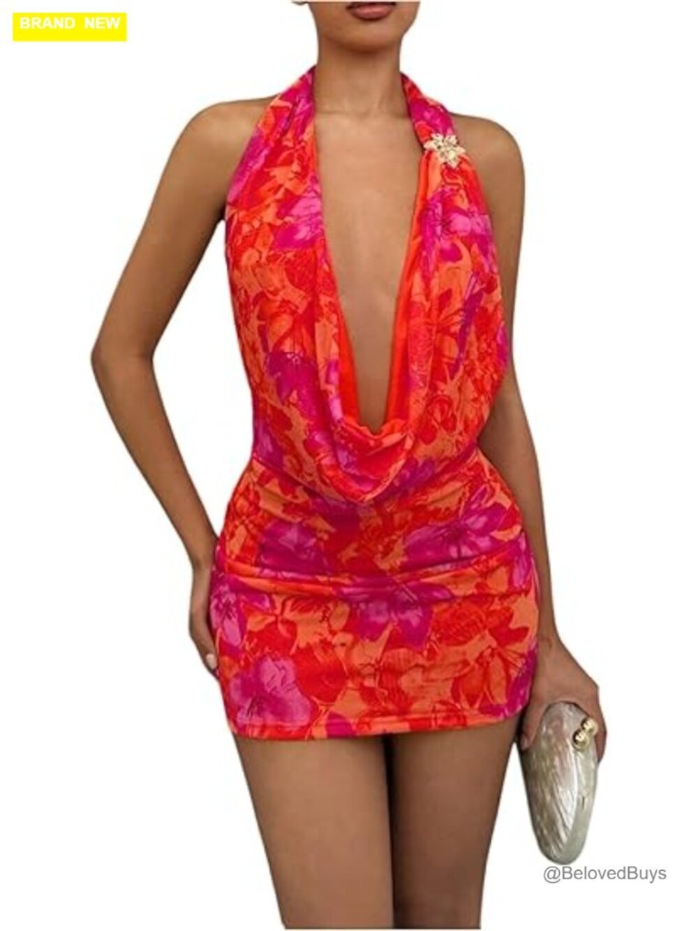 Sleeveless Halter Neck Bodycon Mini Dress with Floral Pattern